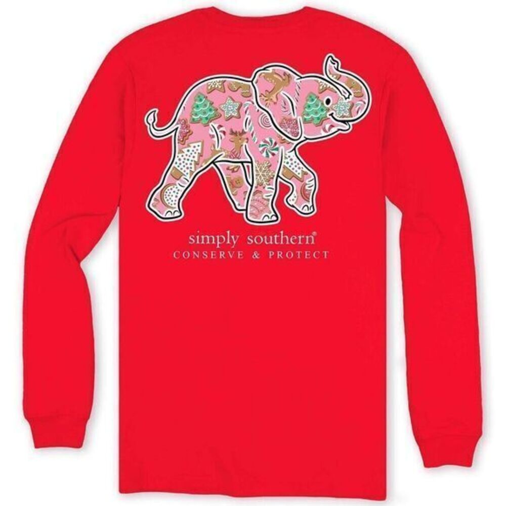 NWT Simply‎ Southern Christmas Themed Cookie Elephant Long Sleeve Tshirt Red XXL